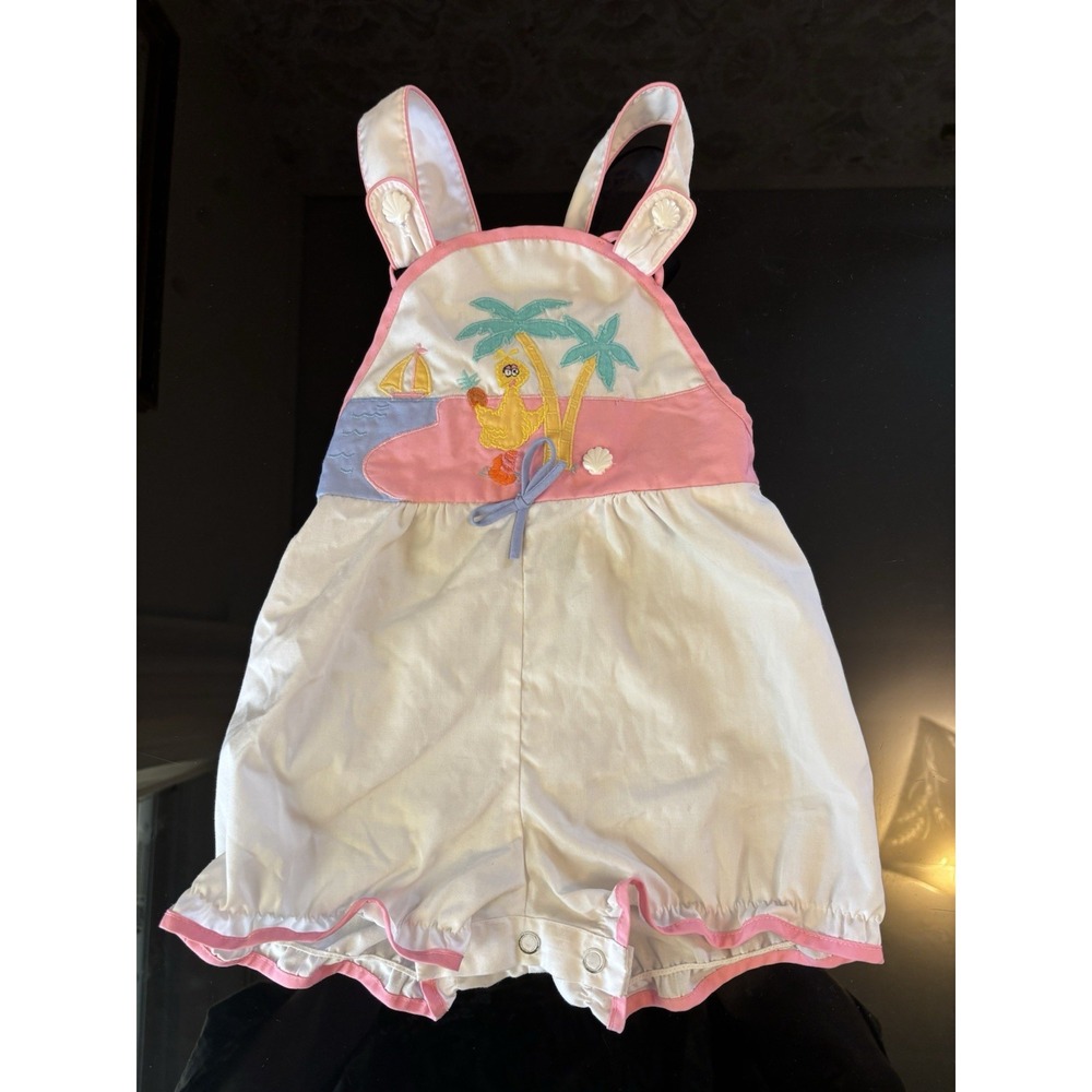Vintage Sesame Street Overalls Big Bird Beach JC Penny 2T White